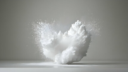 White powder explosion, studio shot, grey background, abstract art, advertising