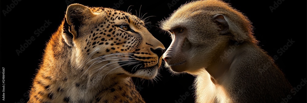 Aufkleber leopard and baboon a close-up encounter between predator and prey on black background