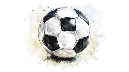 Naklejka premium Watercolor painting showcases a classic black and white soccer ball