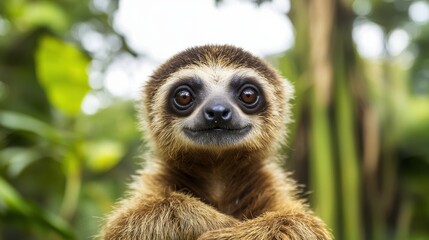 Obraz premium A cute sloth with big eyes is posed in a lush, green environment, showcasing its unique charm and gentle nature.