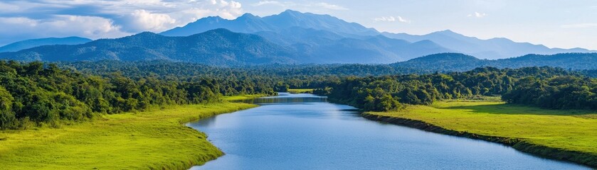 Obraz premium A serene landscape featuring a river flowing through lush greenery, framed by majestic mountains under a clear blue sky.