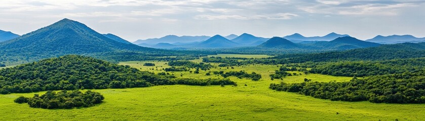 Obraz premium A breathtaking panoramic view of lush green fields bordered by rolling mountains under a clear sky, showcasing nature's beauty and tranquility.