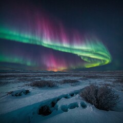 A frozen tundra with an aurora borealis lighting up the sky.