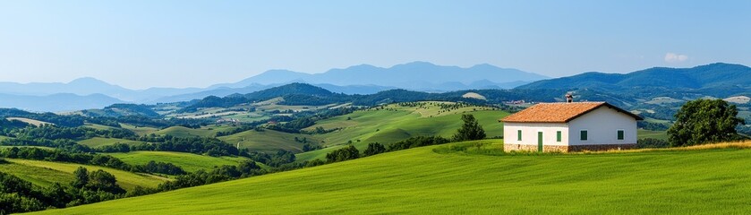 Naklejka premium A serene countryside landscape features a quaint white house, lush green fields, and distant mountains under a clear blue sky.
