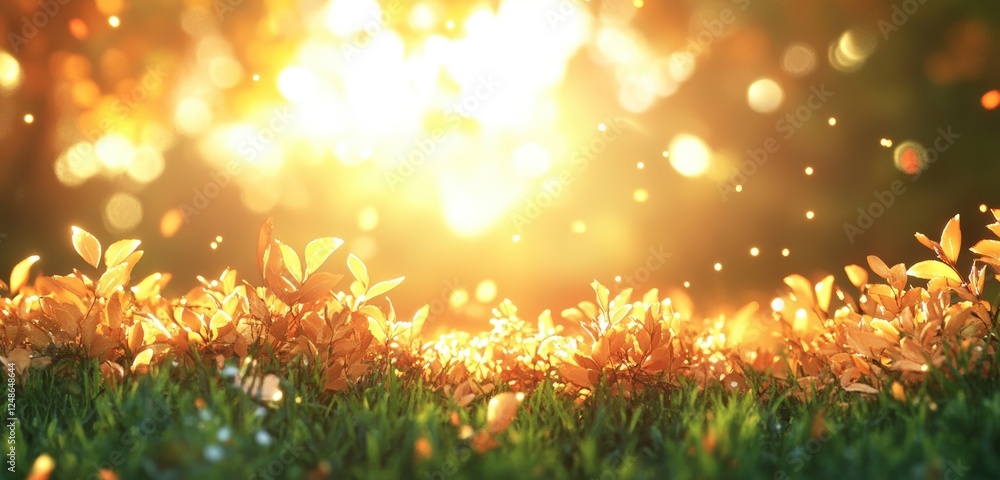 Poster beautiful golden autumn leaves on soft grass with sunlight shining in background creating a warm and