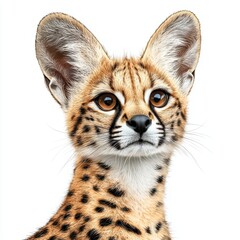 A baby cheetah with a big brown nose and big brown eyes