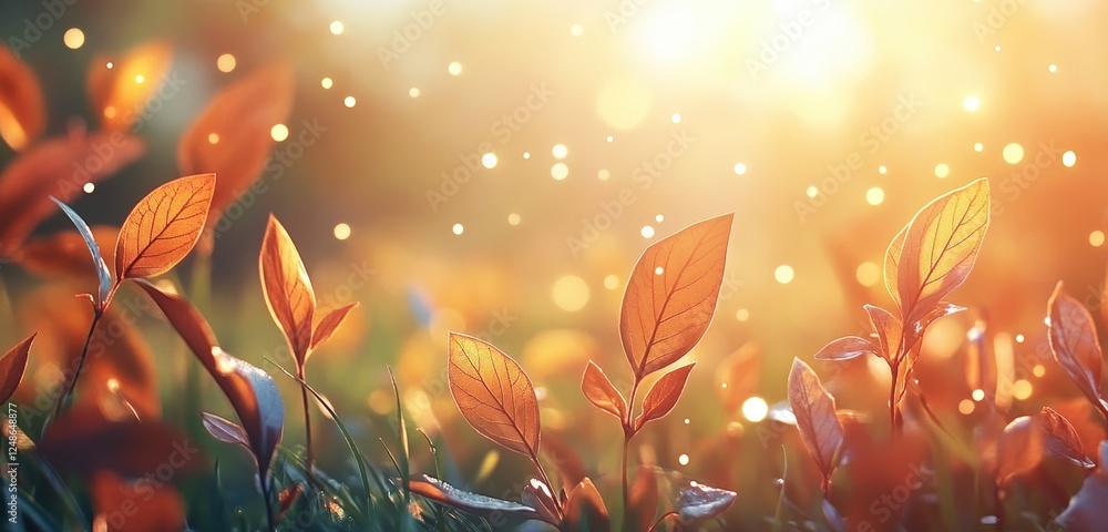 Poster beautiful golden autumn leaves glowing in sunlight creating a warm background with sparkling bokeh e