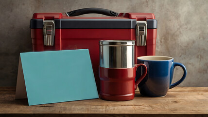 A tool box with a Father's Day card and mug, featuring a perfect gift set for Dad with space for a personalized message.