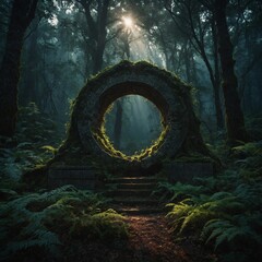 A mysterious glowing portal hidden within an ancient forest.