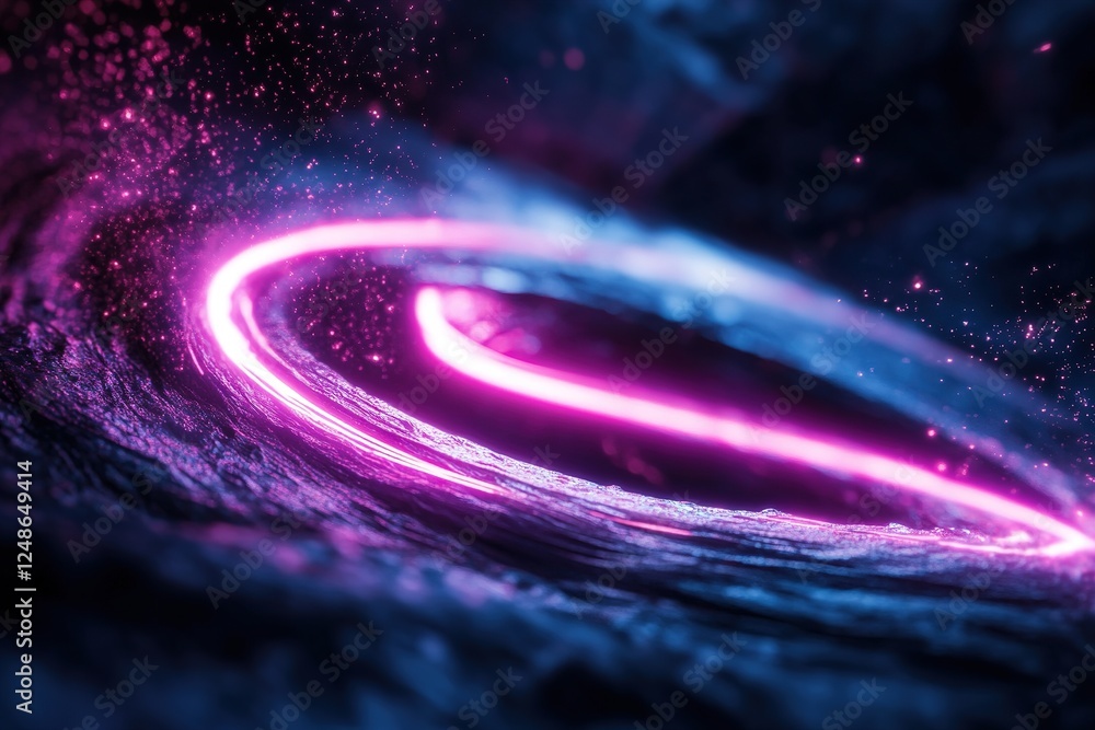 Poster neon-lit cosmic swirls in dynamic pink and blue colors blend with pulsating light beams, creating a 