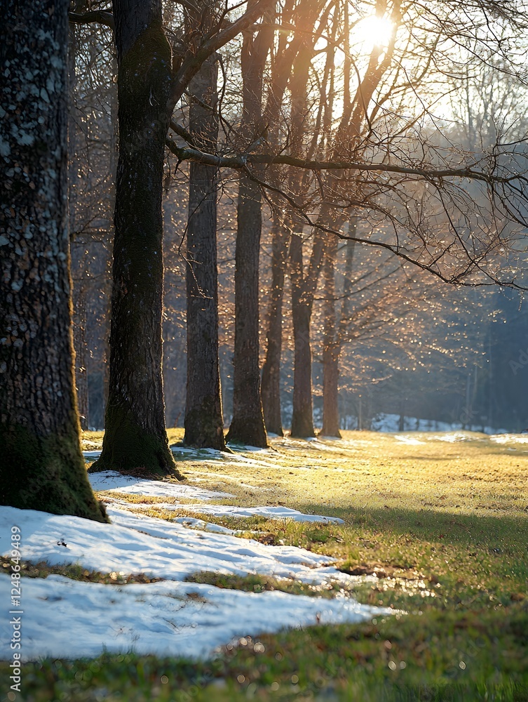Poster budding trees line a path under warm sunlight and lingering snow. generative ai