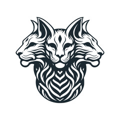 The lynx cat with three head. black white illustration. vector symbol.