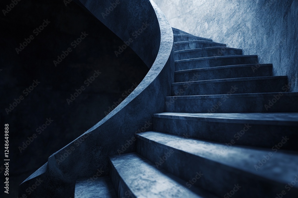 Poster a spiraling staircase elegantly twists upward, fading into darkness, creating an illusion of infinit