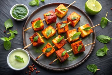 Indian paneer tikka in thali 