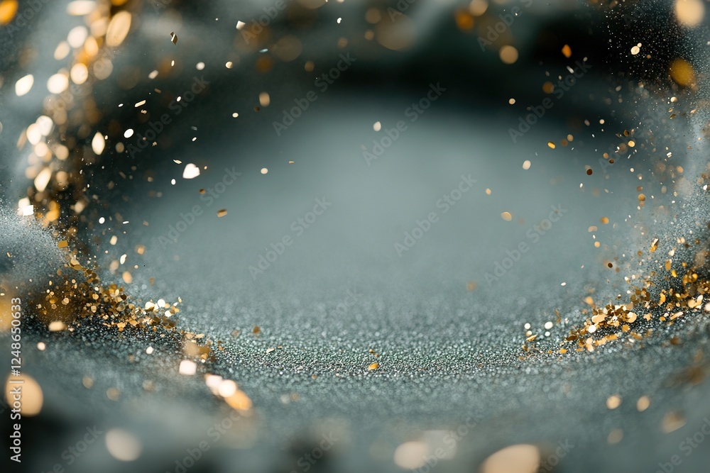 Poster a vibrant abstract display features a whirl of green and gold confetti surrounded by sparkling dust,