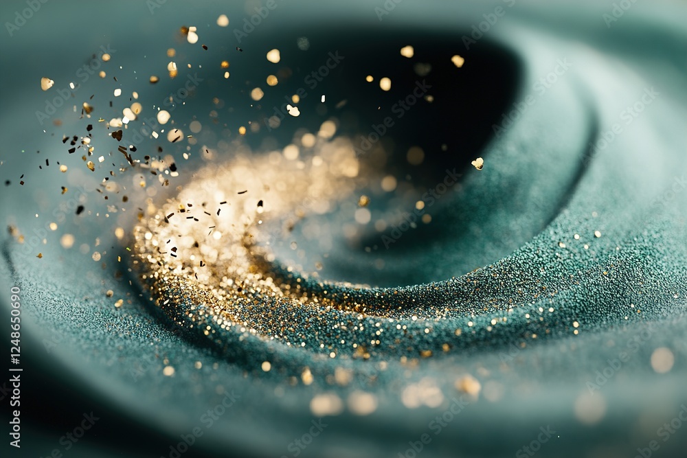 Poster an engaging abstract display features a swirl of green and gold confetti accented by shimmering dust
