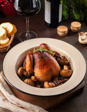 Generated image Traditional French coq au vin with red wine and mushrooms