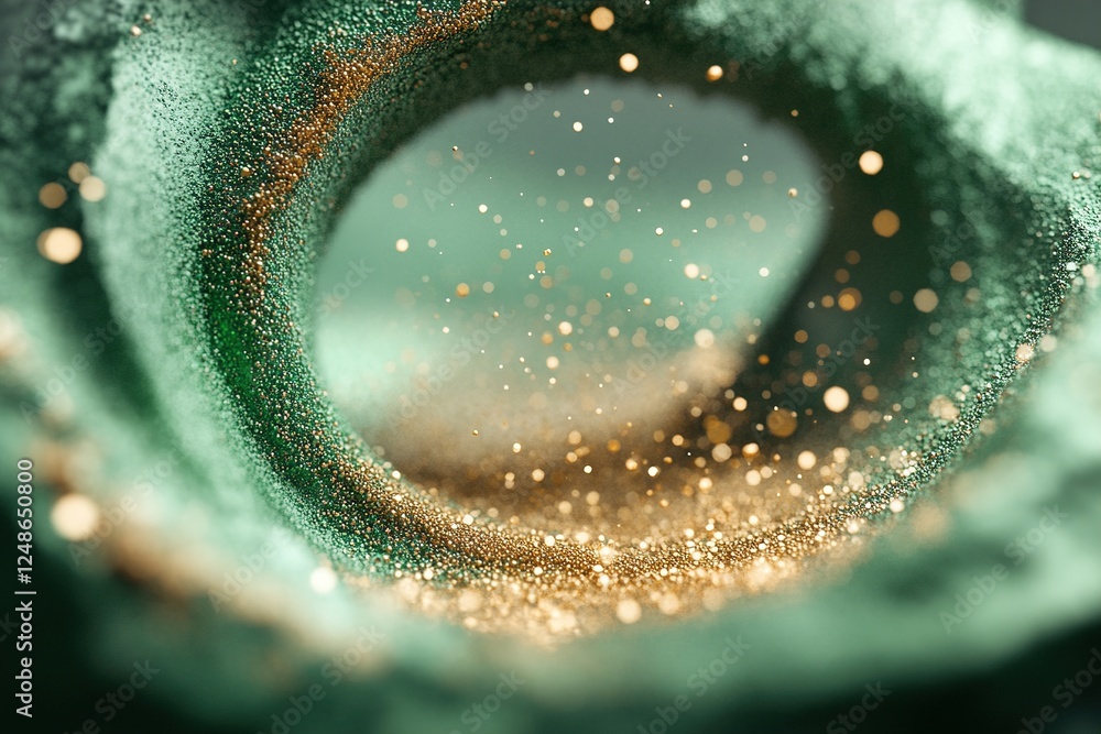 Poster an abstract arrangement of green and gold confetti creates a swirling motion filled with glowing dus