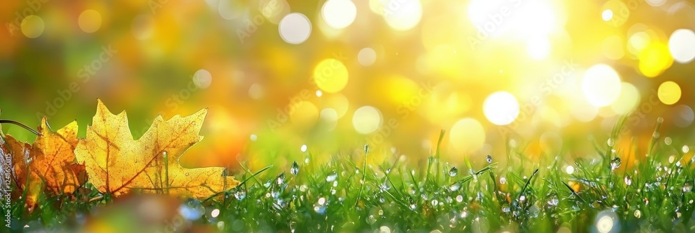 Poster beautiful autumn background with sunlight and bokeh effect on refreshing green grass and colorful fa