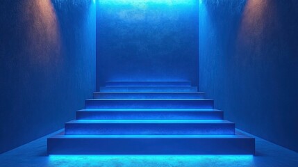 Blue neon lit stairs in a dark room.