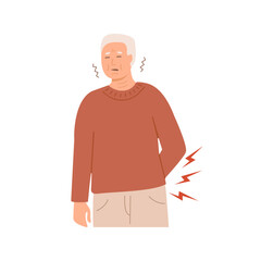 Elderly man suffering from lower back pain, holding his waist with a painful expression. Flat Style Vector Illustration.