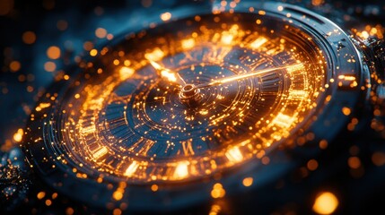 Futuristic glowing clock with golden sparks in motion