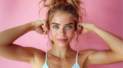 Obraz premium A strong woman showcases her fitness by flexing her arms in front of a bright pink backdrop. Her expression is determined, emphasizing empowerment and strength in this moment