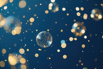 elegant new year celebration scene with champagne bubbles and golden sparkles against deep midnight blue sky