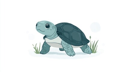 Fototapeta premium Cute turtle walking, nature background, illustration for kids' book