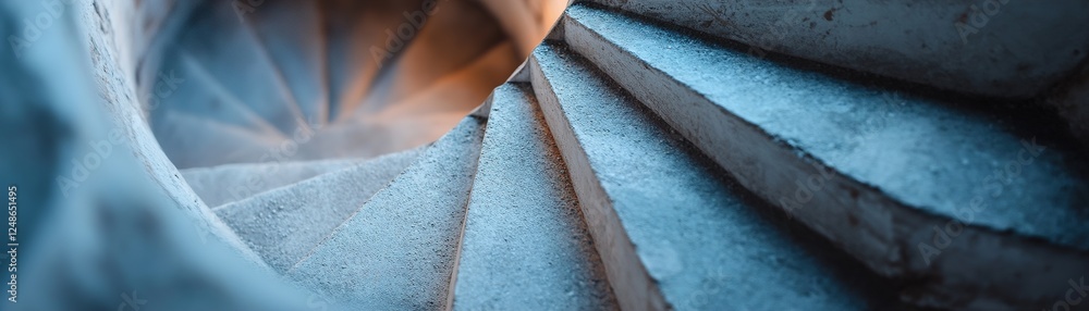 Poster mysterious staircase spirals endlessly downward into an unknown void, illuminated by soft ambient li