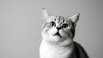 Obraz premium A close-up of a gray and white tabby cat with wide, curious eyes and a slightly open mouth, expressing surprise or curiosity against a neutral background.