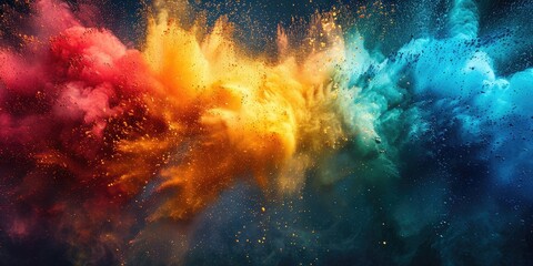 A dynamic burst of colorful Holi powder fills the air, creating an abstract display of reds, yellows, and blues. This joyous event celebrates the arrival of spring and unity among people