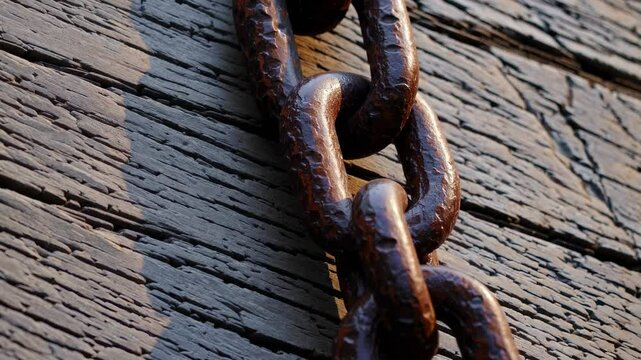 Close-up, low-angle shot of a rusty chain on weathered wood, emphasizing texture and detail, suitable for a gritty, industrial-themed video.
