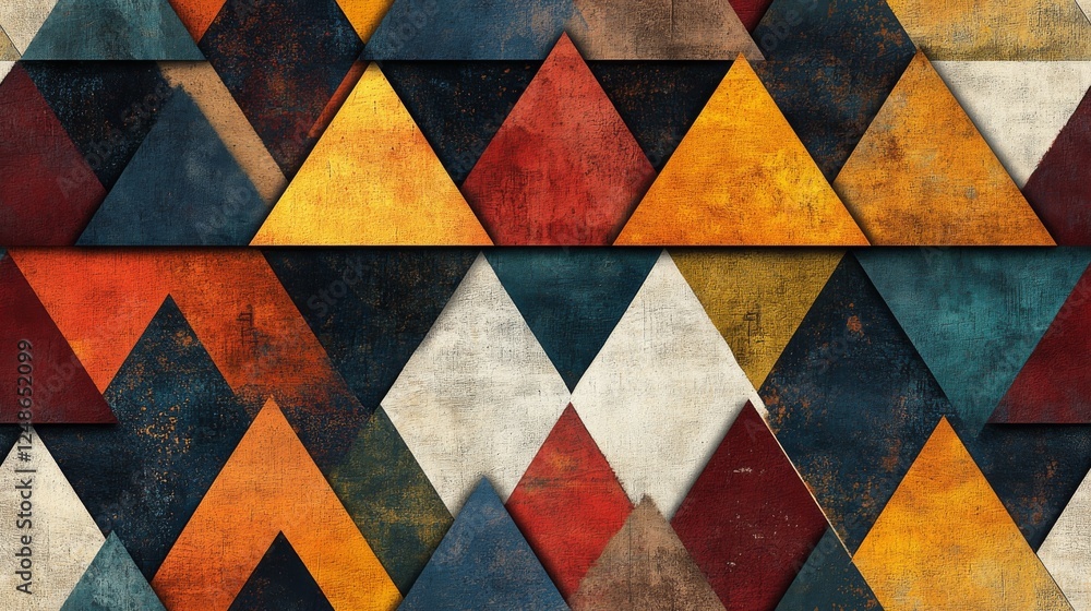 Poster colorful triangles form a pattern with distressed painted texture