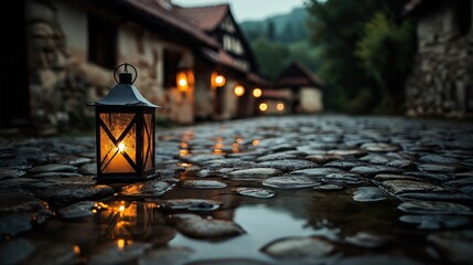 A glowing lantern reflecting in puddles on a wet cobblestone street after a rain shower, with warm lights from rustic village houses creating a cozy evening atmosphere