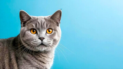 Obraz premium A gray British Shorthair cat with striking amber eyes staring intently against a vibrant blue background, exuding elegance and curiosity.