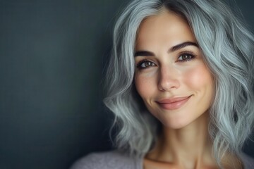 Fototapeta premium elegant silver-haired woman with natural makeup and confident smile, studio lighting with soft shadows