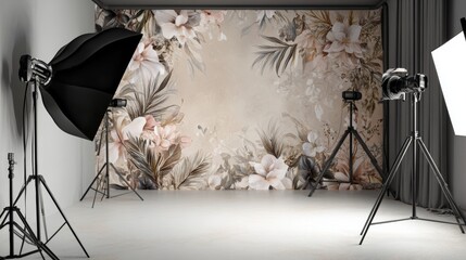 Professional photography studio with floral backdrop