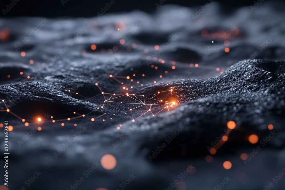 Poster intricate connections of glowing dots form constellations across a textured cosmic landscape, creati