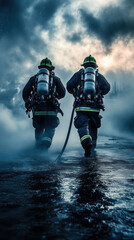 Fototapeta premium A 3D rendered image of a man in the water wearing a scuba mask and firefighter gear, surrounded by smoke and fire, representing an emergency situation in the sea