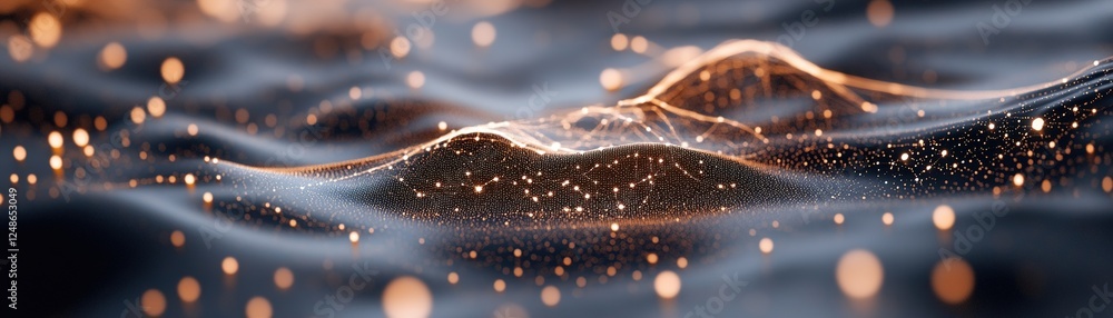 Poster this cosmic landscape features glowing dots forming intricate constellations, creating a high-tech n