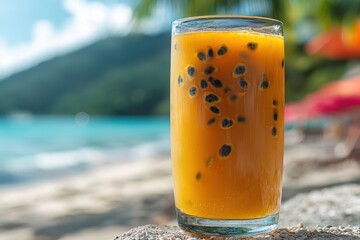 Obraz premium Refreshing passion fruit drink served in a glass on a sunny beach with turquoise water and tropical surroundings