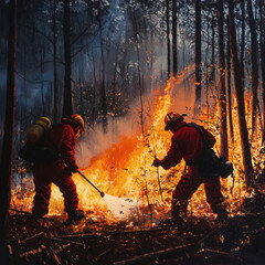 Naklejka premium Firefighters battling a forest fire at night with flames, smoke, and danger surrounding them, featuring a brave woman warrior in action with a sword amidst the intense heat and horror
