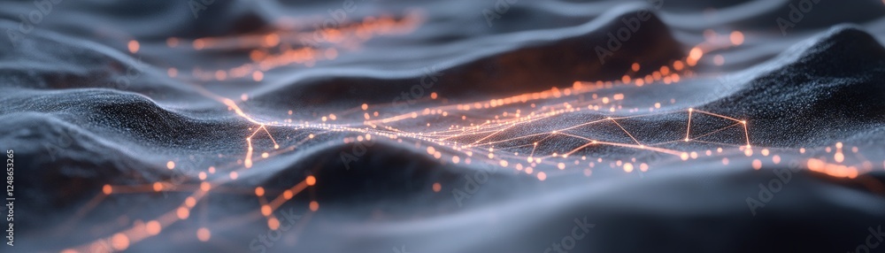 Poster a digital landscape features glowing dots in an elegant formation, creating the illusion of constell
