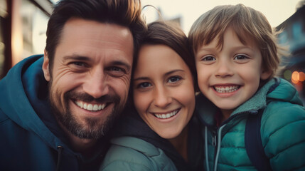 Naklejka premium Cheerful family embracing happiness together portrait image. Smiling parents happy young son on outdoor outing picture photorealistic. Fatherhood motherhood concept photo realistic