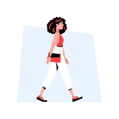 Woman In Casual Streetwear Walking Confidently In Flat Vector Illustration Symbolizing Active Lifestyle, Urban Fashion, And Self Expression, Isolated On White Background