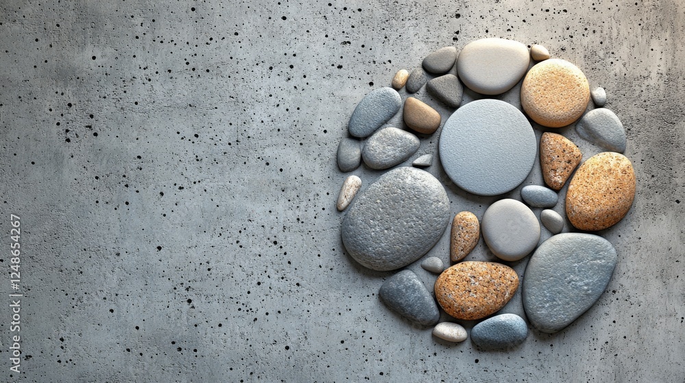Poster smooth stones are arranged in circular pattern on concrete surface