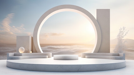 Fototapeta premium Serene Seascape Minimalist Composition with Geometric Arch and White Platform at Sunset