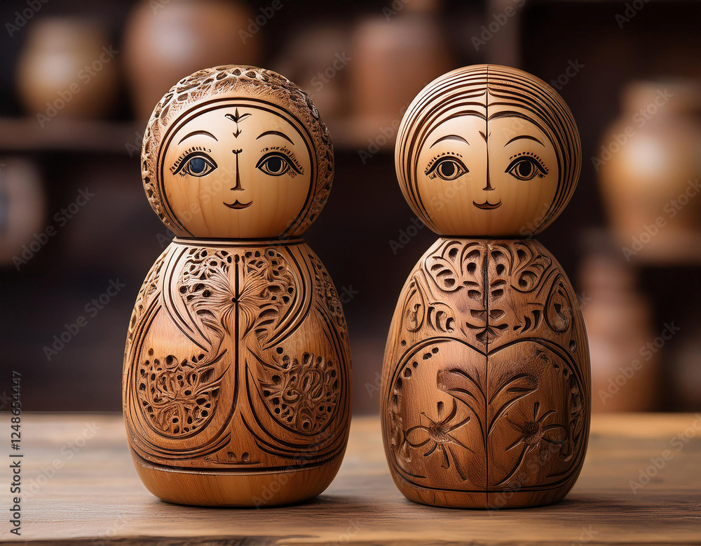 Wall mural Two decorative wooden Russian matryoshka dolls with intricate floral patterns stand side by side on a wooden surface.