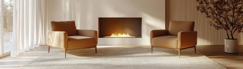 A cozy living room with two brown chairs facing a modern fireplace, softly lit by natural light filtering through sheer curtains.